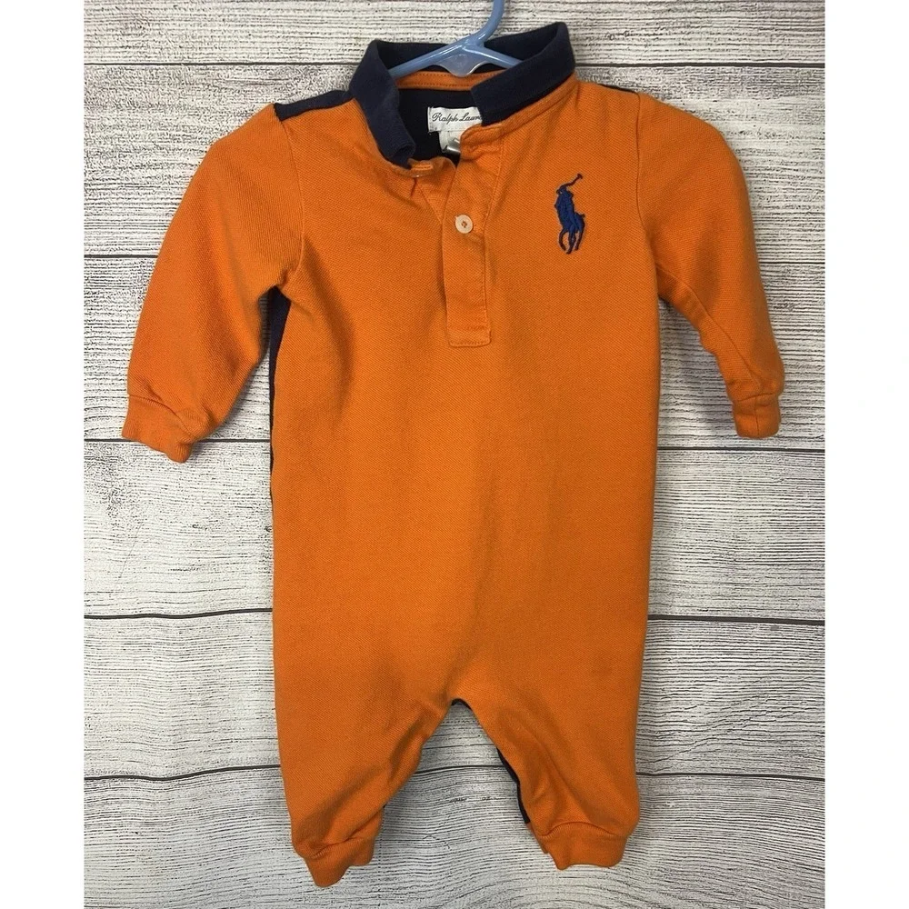 Ralph Lauren 2 Rompers Lot Yellow White Collared And Orange and Navy Long Sleeve